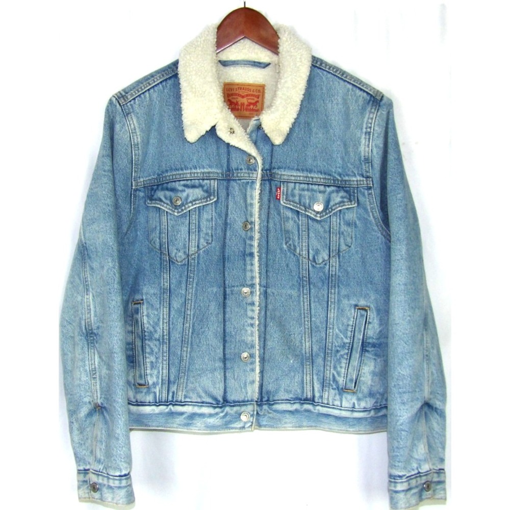 Levi's Medium Denim Sherpa Lined Snap Blue Trucker Jacket Women's Large
